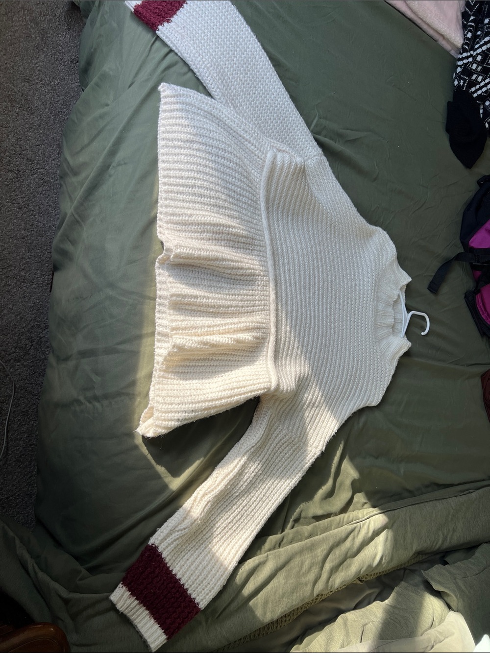 Urban Outfitters Cream Knit Peplum Sweater with Wine Cuffs